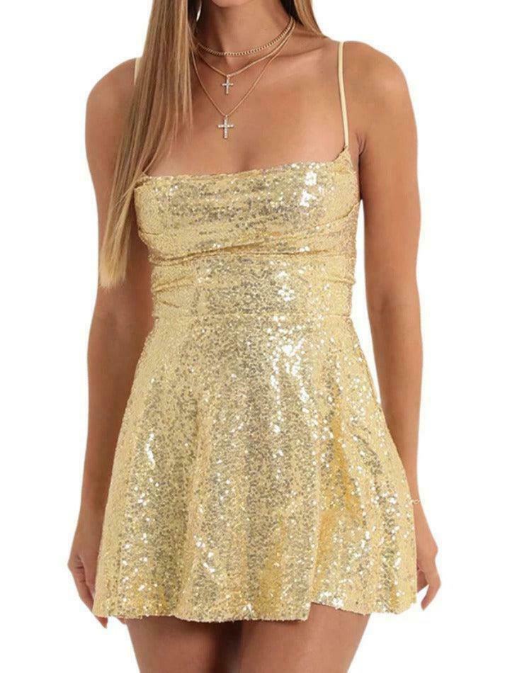 Sequin Backless Mini Dress with Tie-Up Detail - Y2K Fashion Statement for Women
