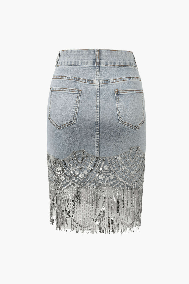 Sequin Fringe Hem Denim Skirt - Y2K Fashion Statement with Coquette Aesthetic and Grunge Style