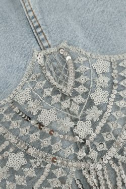 Sequin Fringe Hem Denim Skirt - Y2K Fashion Statement with Coquette Aesthetic and Grunge Style