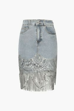 Sequin Fringe Hem Denim Skirt - Y2K Fashion Statement with Coquette Aesthetic and Grunge Style