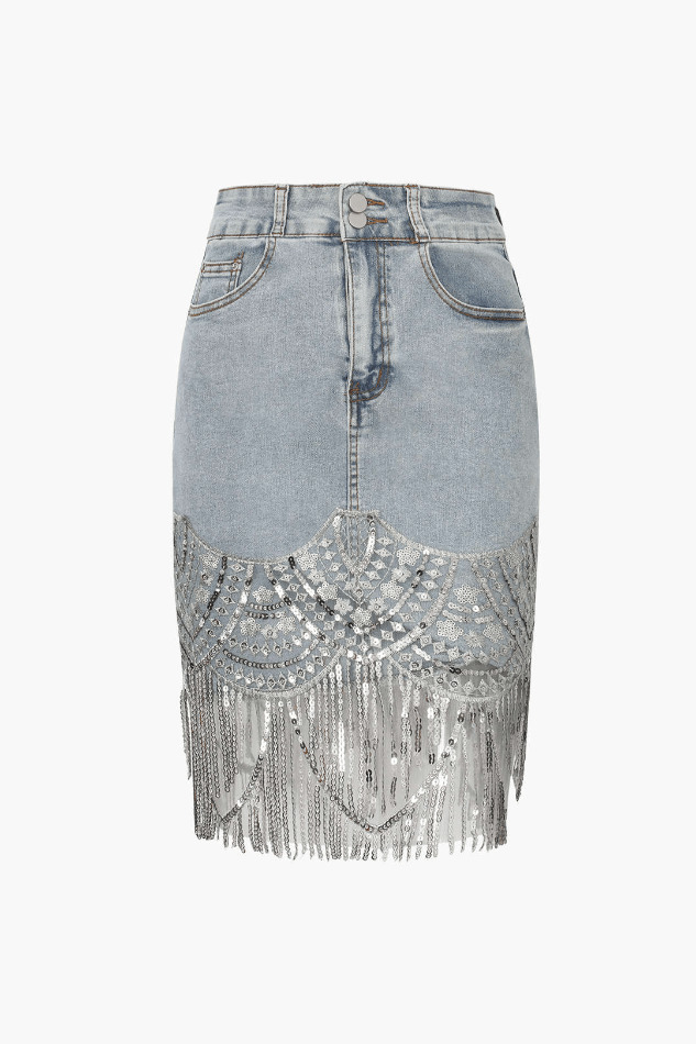 Sequin Fringe Hem Denim Skirt - Y2K Fashion Statement with Coquette Aesthetic and Grunge Style