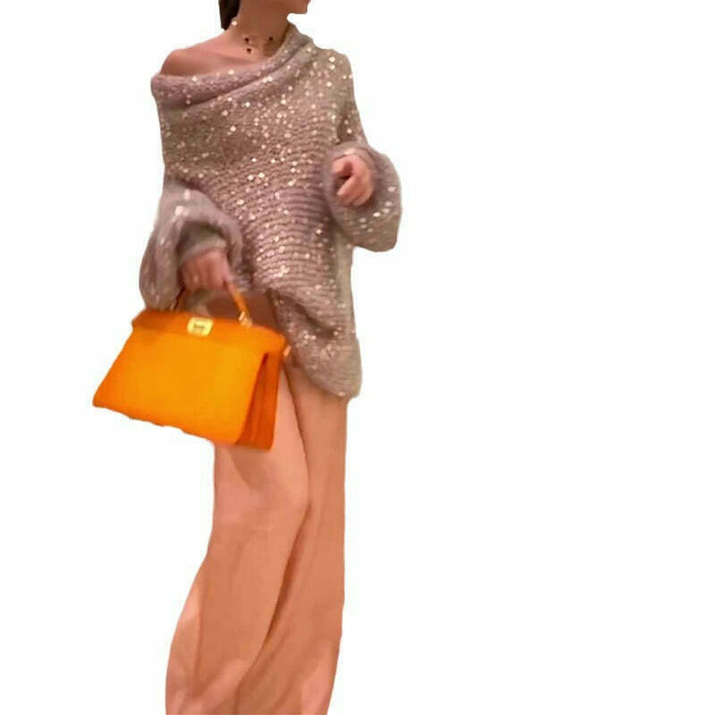 Sequin Shoulder Loose Sweater - Y2K Fashion Coquette Aesthetic Grunge Style