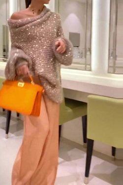 Sequin Shoulder Loose Sweater - Y2K Fashion Coquette Aesthetic Grunge Style