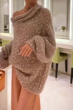 Sequin Shoulder Loose Sweater - Y2K Fashion Coquette Aesthetic Grunge Style