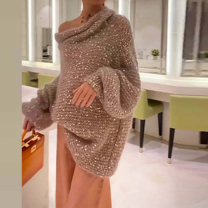 Sequin Shoulder Loose Sweater - Y2K Fashion Coquette Aesthetic Grunge Style