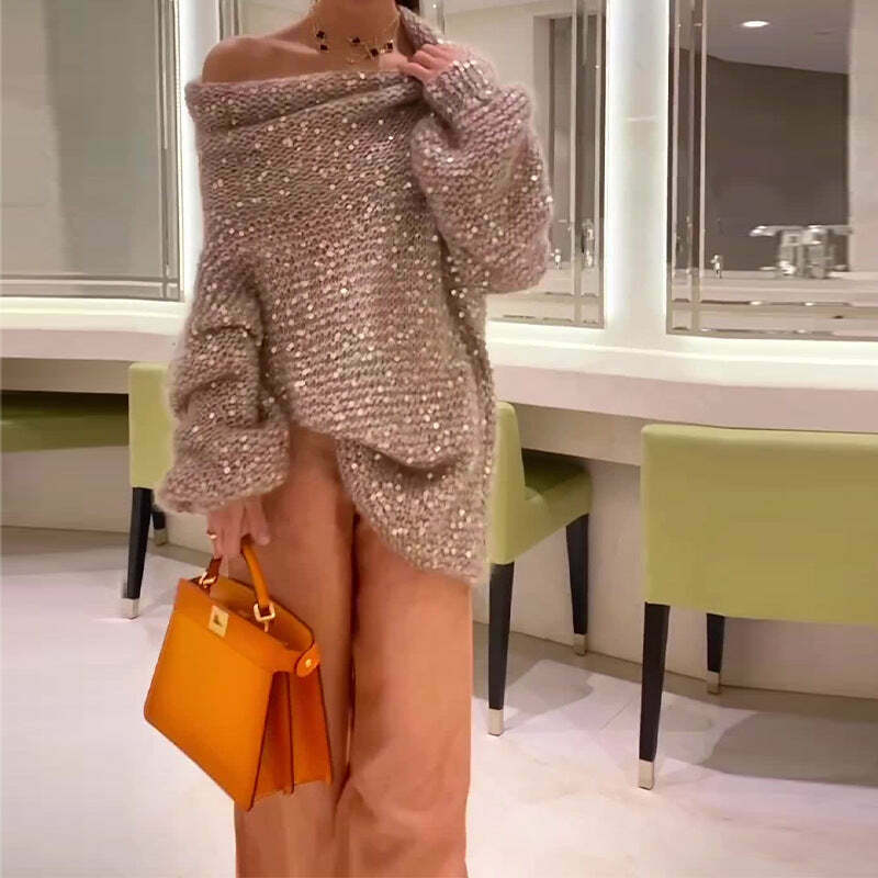 Sequin Shoulder Loose Sweater - Y2K Fashion Coquette Aesthetic Grunge Style