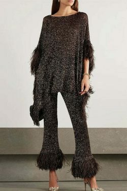 Sequin Tassel Pants Suit for Y2K Fashion: Coquette Aesthetic & Grunge Style