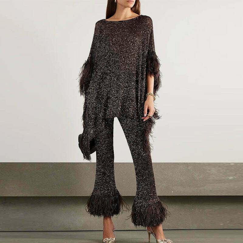 Sequin Tassel Pants Suit for Y2K Fashion: Coquette Aesthetic & Grunge Style