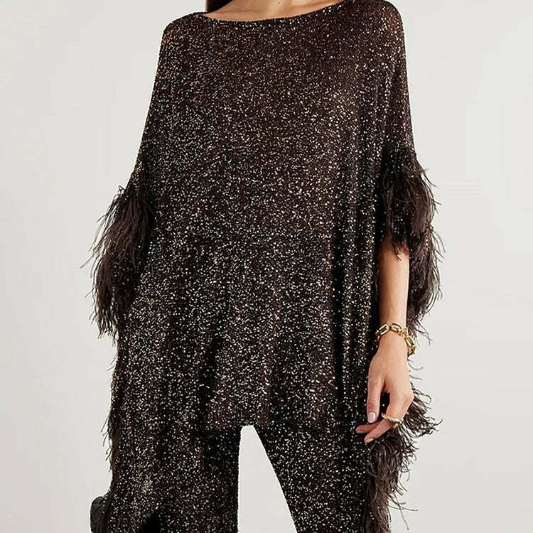 Sequin Tassel Pants Suit for Y2K Fashion: Coquette Aesthetic & Grunge Style