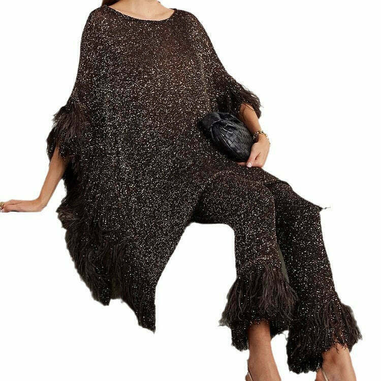 Sequin Tassel Pants Suit for Y2K Fashion: Coquette Aesthetic & Grunge Style