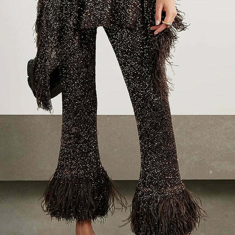 Sequin Tassel Pants Suit for Y2K Fashion: Coquette Aesthetic & Grunge Style
