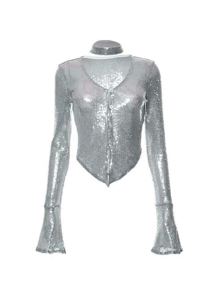Sequin V-Neck Hanky Hem Blouse: Y2K Fashion with Coquette & Grunge Aesthetics