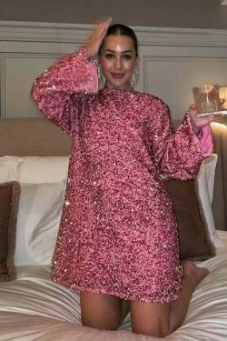 Sequined Dress: Y2K Aesthetic Long-Sleeved Loose Fit - Coquette Style Glamour with a Touch of Grunge
