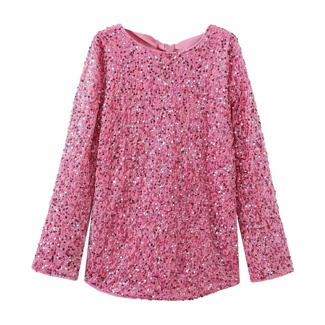 Sequined Dress: Y2K Aesthetic Long-Sleeved Loose Fit - Coquette Style Glamour with a Touch of Grunge Sequined Dress: Y2K Aesthetic Long-Sleeved Loose Fit - Coquette Style Glamour with a Touch of Grunge