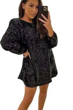Sequined Dress: Y2K Aesthetic Long-Sleeved Loose Fit - Coquette Style Glamour with a Touch of Grunge