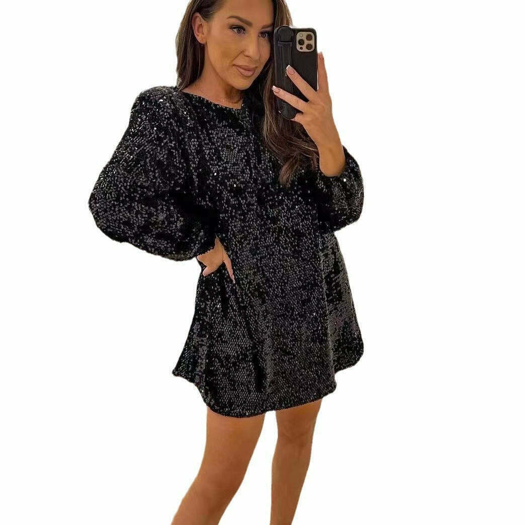Sequined Dress: Y2K Aesthetic Long-Sleeved Loose Fit - Coquette Style Glamour with a Touch of Grunge Sequined Dress: Y2K Aesthetic Long-Sleeved Loose Fit - Coquette Style Glamour with a Touch of Grunge