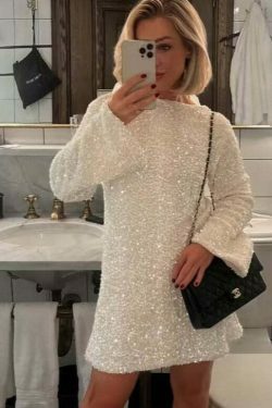 Sequined Dress: Y2K Aesthetic Long-Sleeved Loose Fit - Coquette Style Glamour with a Touch of Grunge
