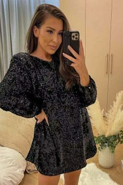 Sequined Dress: Y2K Aesthetic Long-Sleeved Loose Fit - Coquette Style Glamour with a Touch of Grunge