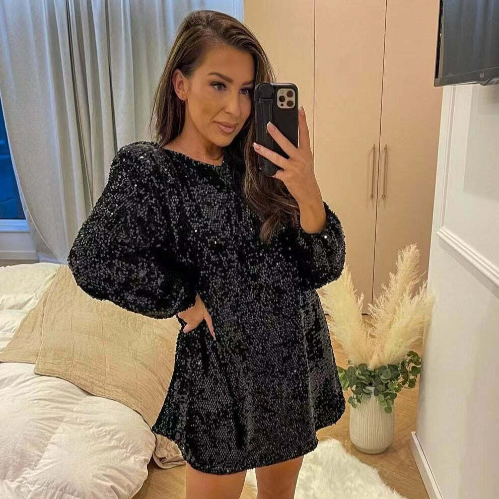Sequined Dress: Y2K Aesthetic Long-Sleeved Loose Fit - Coquette Style Glamour with a Touch of Grunge Sequined Dress: Y2K Aesthetic Long-Sleeved Loose Fit - Coquette Style Glamour with a Touch of Grunge