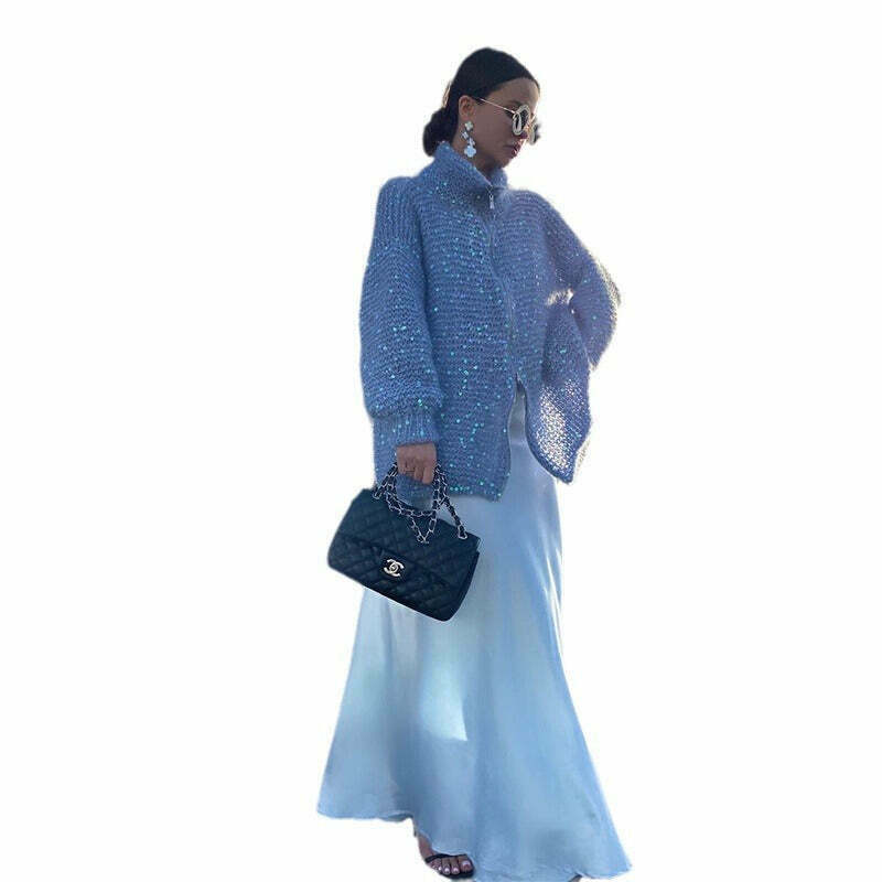 Sequined Lazy Style Sweater Jacket for Y2K Fashion Enthusiasts with Coquette and Grunge Aesthetic Sequined Lazy Style Sweater Jacket for Y2K Fashion Enthusiasts with Coquette and Grunge Aesthetic