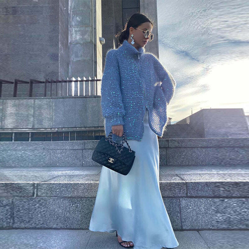 Sequined Lazy Style Sweater Jacket for Y2K Fashion Enthusiasts with Coquette and Grunge Aesthetic Sequined Lazy Style Sweater Jacket for Y2K Fashion Enthusiasts with Coquette and Grunge Aesthetic