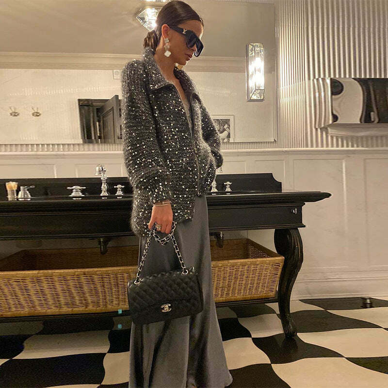 Sequined Lazy Style Sweater Jacket for Y2K Fashion Enthusiasts with Coquette and Grunge Aesthetic Sequined Lazy Style Sweater Jacket for Y2K Fashion Enthusiasts with Coquette and Grunge Aesthetic