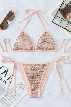Sequined Pink Bikini Set: Y2K Fashion Swimwear - Coquette Aesthetic, Grunge Style, Cute Tops