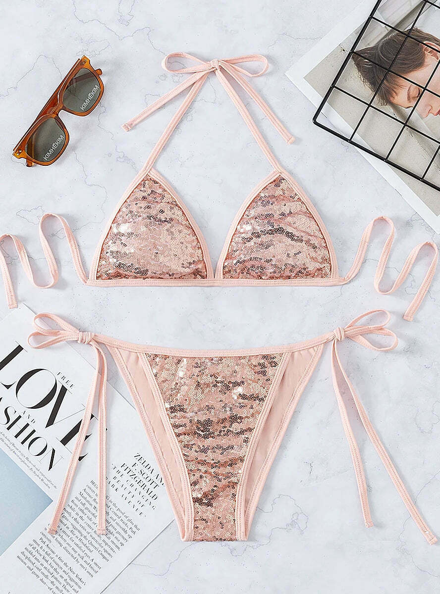 Sequined Pink Bikini Set: Y2K Fashion Swimwear - Coquette Aesthetic, Grunge Style, Cute Tops