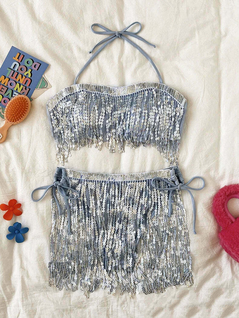 Sequined Tube Top Swimsuit: Y2K Fashion Bikini - Coquette Aesthetic, Grunge Style, Cute Tops