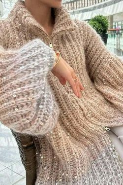 Sequined V-Neck Hoodie Sweater: Y2K Coquette Grunge A