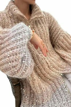 Sequined V-Neck Hoodie Sweater: Y2K Coquette Grunge A