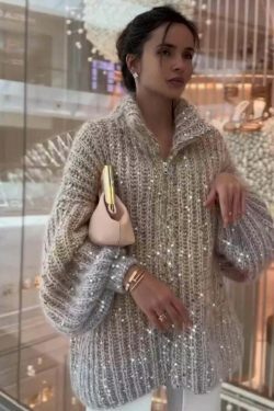 Sequined V-Neck Hoodie Sweater: Y2K Coquette Grunge A