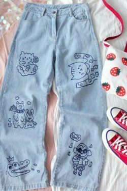 Sesame Street Cartoon Printed Blue Straight Jeans - Y2K Fashion Aesthetic for Women