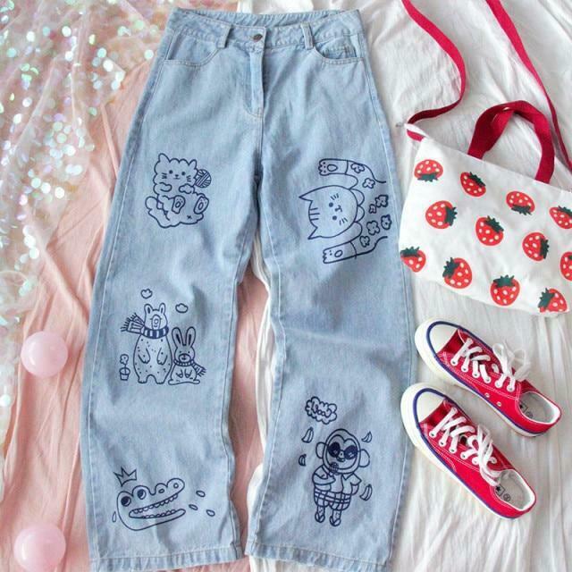 Sesame Street Cartoon Printed Blue Straight Jeans - Y2K Fashion Aesthetic for Women