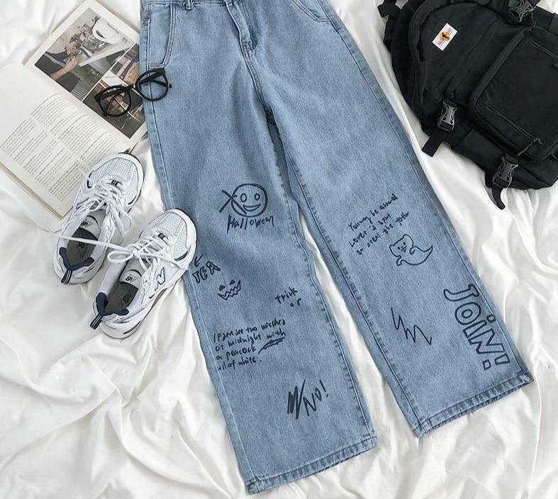 Sesame Street Cartoon Printed Blue Straight Jeans - Y2K Fashion Aesthetic for Women
