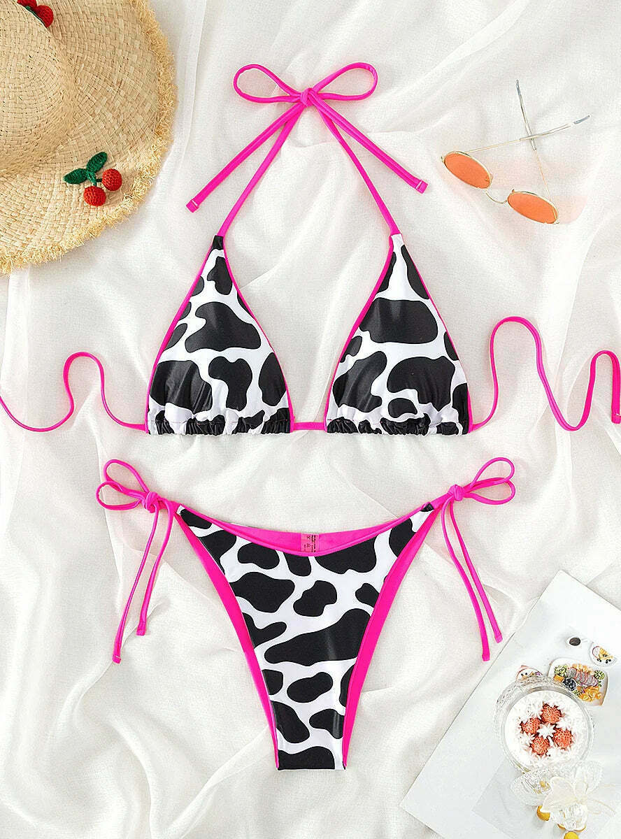 Sexy Cow Print Two-Piece Bikini Set for Women - Y2K Fashion Swimwear with a Coquette Aesthetic