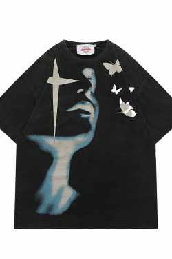 Shadow Butterflies Vintage Wash T-Shirt - Y2K Fashion Grunge Aesthetic Cute Tops Pastel Goth