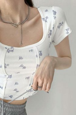 Shea Floral Crop Top - Y2K Fashion - Coquette Aesthetic - Grunge Style - Cute Tops - Pastel Goth