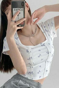 Shea Floral Crop Top - Y2K Fashion - Coquette Aesthetic - Grunge Style - Cute Tops - Pastel Goth