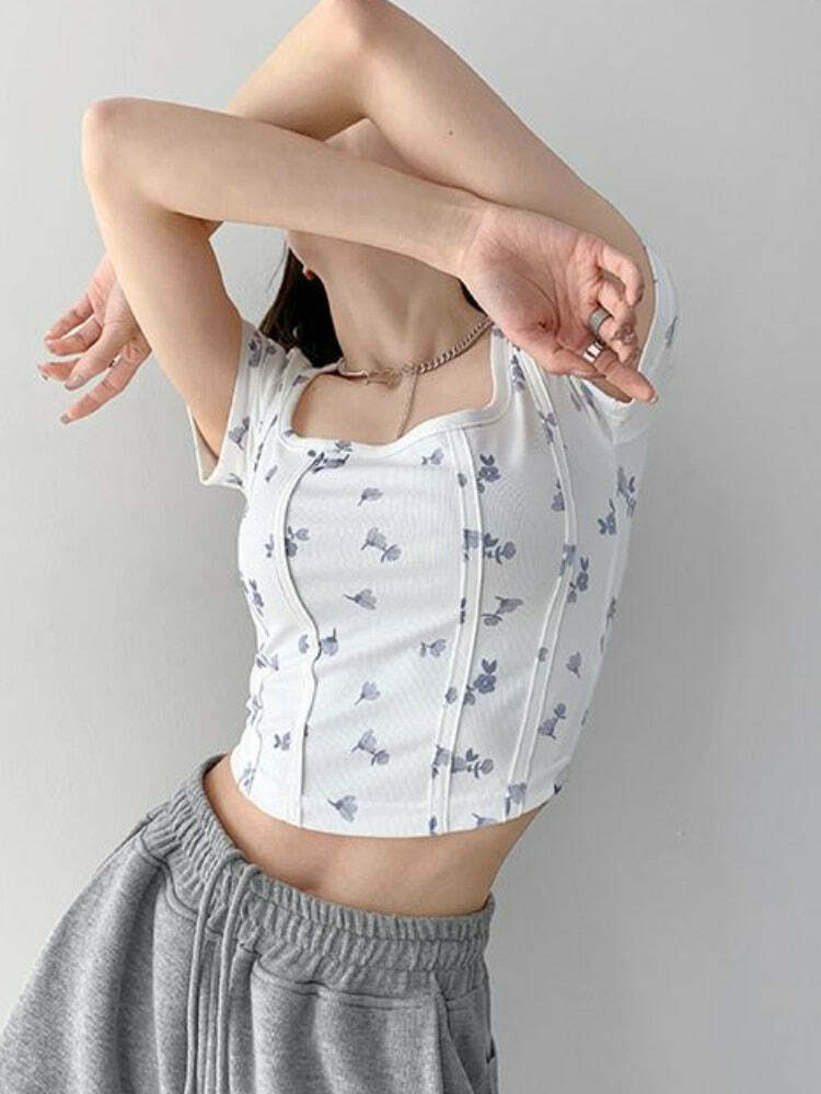 Shea Floral Crop Top - Y2K Fashion - Coquette Aesthetic - Grunge Style - Cute Tops - Pastel Goth Shea Floral Crop Top - Y2K Fashion - Coquette Aesthetic - Grunge Style - Cute Tops - Pastel Goth