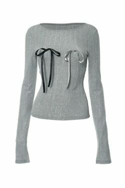 Shimmering Bow Decor Crew Neck Long Sleeve Knit Sweater - Y2K Fashion Aesthetic