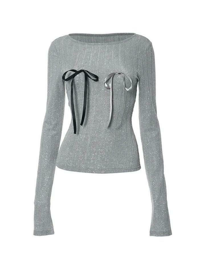 Shimmering Bow Decor Crew Neck Long Sleeve Knit Sweater - Y2K Fashion Aesthetic