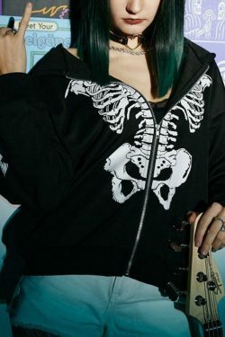 Skeleton Print Baggy Oversized Hoodie for Y2K Fashion Enthusiasts