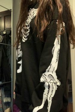 Skeleton Print Baggy Oversized Hoodie for Y2K Fashion Enthusiasts