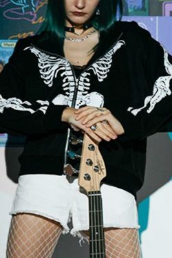 Skeleton Print Baggy Oversized Hoodie for Y2K Fashion Enthusiasts