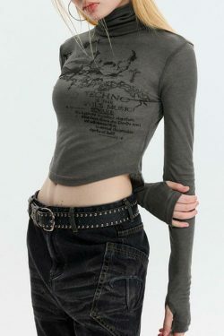 Skull Print High Neck Asymmetric Hem Long Sleeve Tee - Y2K Fashion Statement Piece