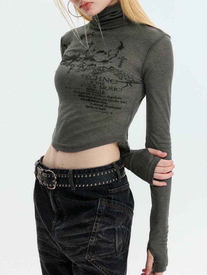 Skull Print High Neck Asymmetric Hem Long Sleeve Tee - Y2K Fashion Statement Piece Skull Print High Neck Asymmetric Hem Long Sleeve Tee - Y2K Fashion Statement Piece