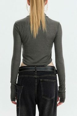 Skull Print High Neck Asymmetric Hem Long Sleeve Tee - Y2K Fashion Statement Piece