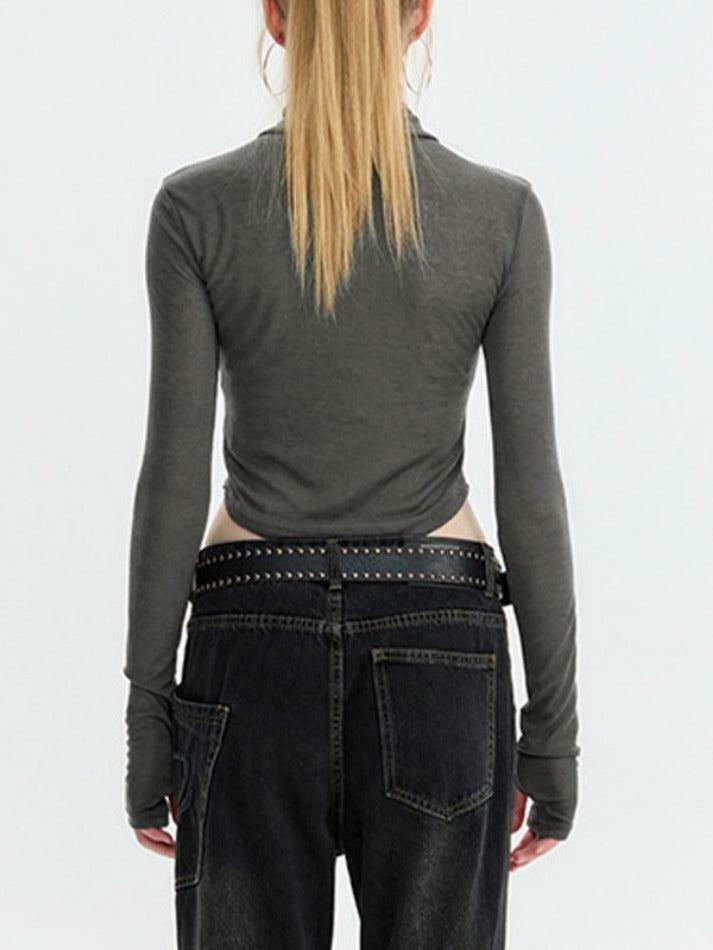 Skull Print High Neck Asymmetric Hem Long Sleeve Tee - Y2K Fashion Statement Piece Skull Print High Neck Asymmetric Hem Long Sleeve Tee - Y2K Fashion Statement Piece