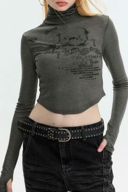 Skull Print High Neck Asymmetric Hem Long Sleeve Tee - Y2K Fashion Statement Piece